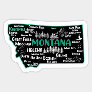 Cute map of Kalispell Montana, Helena, Missoula, Great Falls, Butte, Bozemian, Big Sky Sticker